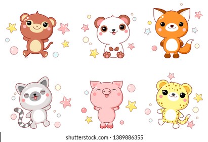 Set of cute animals  baby - monkey, panda, fox, lemur, pig, leopard in kawaii style. EPS8