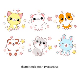 Set of cute animals  baby - polar bear, panda, dog, bunny, cat, koala in kawaii style. EPS8