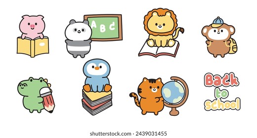 Set of cute animals in back to school concept.Class.Student.Study.Wild,farm,reptile,pet animal character cartoon design collection.Kid graphic.Kawaii.Vector.Illustration.