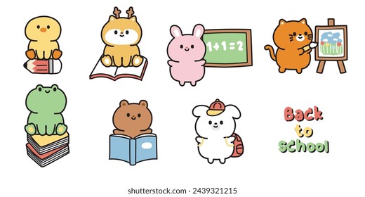 Set of cute animals in back to school concept.Class.Student.Study.Chick,deer,rabbit,cat,frog,bear,dog.Animal character cartoon design collection.Kid graphic.Kawaii.Vector.Illustration.