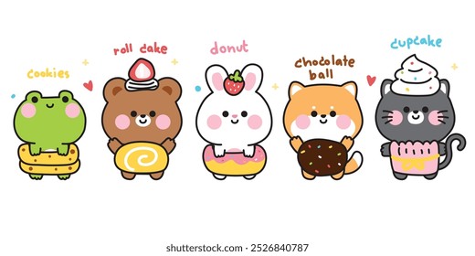 Conjunto de animales lindos en traje de panadería con texto. Diseño de personajes de dibujos animados. Rana, oso de peluche, conejo, perro shiba inu, gato dibujado a mano. Galletas. Pastel de rollo. Donut. Bola de chocolate. Cupcake. Kawaii. Vector. Ilustración.