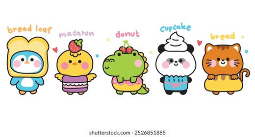 Conjunto de animales lindos en traje de panadería con texto. Diseño de personajes de dibujos animados. Pingüino, cocodrilo, pollo, oso panda, gato dibujado a mano. Pan de pan. Macaron. Donut. Cupcake. Kawaii. Vector. Ilustración.