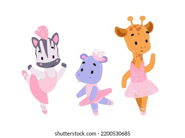 Set Cute animals in ballerina dress. cute ballerina. Vector print for children room, fabric, paper, greeting card, postcard, card, t shirt, poster, textile. Vector illustration