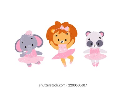 Set Cute animals in ballerina dress. cute ballerina. Vector print for children room, fabric, paper, greeting card, postcard, card, t shirt, poster, textile. Vector illustration