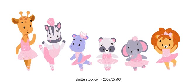 Set Cute animals in ballerina dress. cute ballerina. Vector print for children room, fabric, paper, greeting card, postcard, card, t shirt, poster, textile. Vector illustration