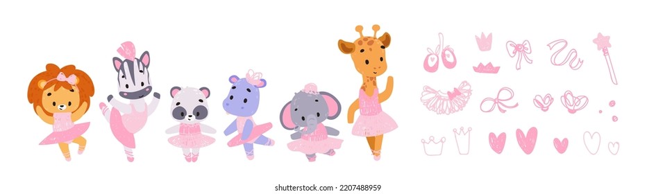 Set Cute animals in ballerina dress. cute ballerina. Vector print for children room, fabric, paper, greeting card, postcard, card, t shirt, poster, textile. Vector illustration