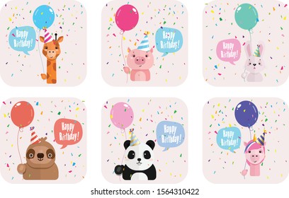 Set of cute animals with balloon. Birthday greeting card design.