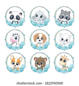 Set of Cute animals with balloon and wreath. Vector illustration for baby shower, greeting card, party invitation, fashion clothes t-shirt print.