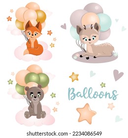 A set of cute animals with balloons. A set of vector images with pets illustration