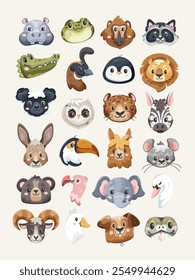 Set of cute animals and birds on a beige background