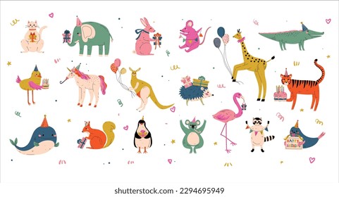 Set of cute animals birthday cake, presents and balloons. Elephant, tiger, rabbit, giraffe, hedgehog for Happy Birthday design cartoon vector Illustration