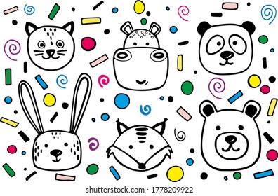 Conjunto de lindos animales. Imágenes en blanco y negro con un fondo brillante. Ilustración. Vector. ilustración