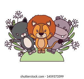 set of cute animals with branch and leaves of background