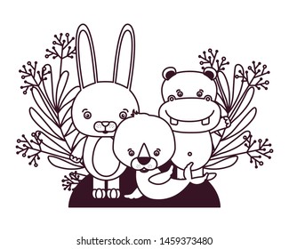 set of cute animals with branch and leaves of background