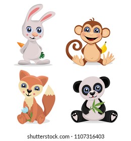  Set of cute animals. Bunny, monkey panda and fox. Vector illustration.