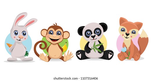  Set of cute animals. Bunny, monkey panda and fox. Vector illustration.