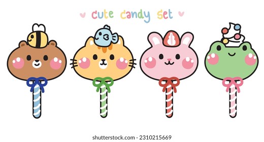 Set of cute animals candy cartoon.Sweet dessert collections.Bear,cat,rabbit,frog hand drawn.Isolated.Kawaii.Vector.Illustration.