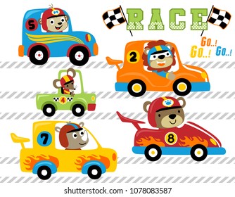 Set of cute animals car racing cartoon