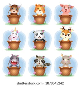 Set of cute animals cartoon in basket, the character of cute pig, yak, tiger, unicorn, rhino, raccoon, hippo, panda and deer