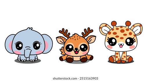 Set of cute animals cartoon character design. deer,giraffe,elephant on kawaii style hand drawn.