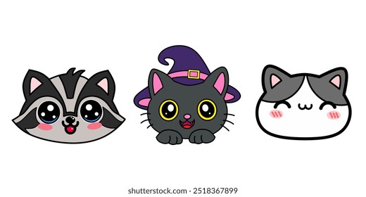 Set of cute animals cartoon character design. Raccoon, black cat, kitten on kawaii style hand drawn