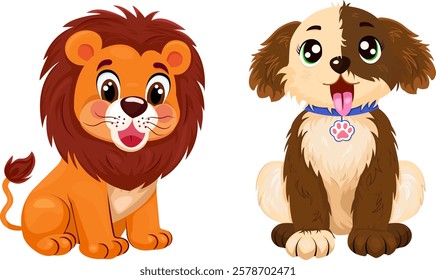  Set of cute animals cartoon character design. Vector illustration for baby, kids card, poster, invitation, apparel, nursery decor. Lion, dog design