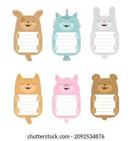 Set of cute animals. Cartoon characters. Labels, my First tooth, borders, stickers, frames for photos, kids tag for text, pupil notebooks, workbooks, Name and Address