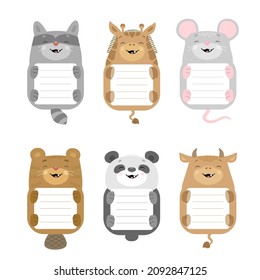 Set of cute animals. Cartoon characters. Labels, First tooth, borders, stickers, frames for photos, kids tag for text, pupil notebooks, workbooks, name and address