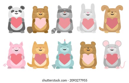 Set Of Cute Animals. Cartoon Characters, Be My Valentine, Stickers, Greeting Card, Banner, Phone Case, Poster, T Shirt, Mug, Kids Tag For Text, Pupil Notebooks, Name, Icons