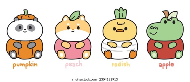 Set of cute animals cartoon in fruit and vegetable costume.Wild and farm animal collections.Pet.Panda bear,shiba inu dog,chicken,crocodile hand drawn.Kid graphic.Kawaii.Vector.Illustration.