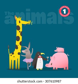 Set of cute animals cartoon illustration including pig piglet giraffe rabbit and penguin