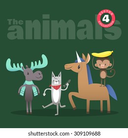 Set of cute animals cartoon illustration including moose cat horse and monkey