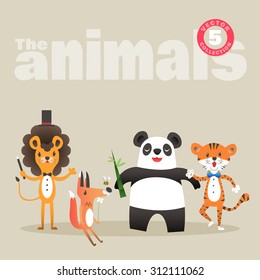 Set of cute animals cartoon illustration including lion fox panda and tiger 