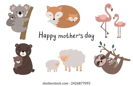 A set of cute animals. Cartoon moms and kids. Hand-drawn koala, fox, flamingo, bear, sheep, sloth. Vector illustration