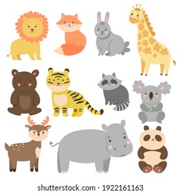 Set of cute animals in cartoon style isolated on white background. Vector graphics.
