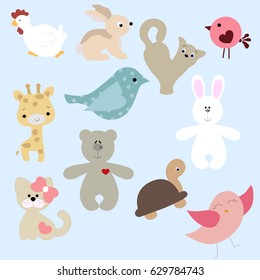 set of cute animals in cartoon style on blue background. collection of baby animals kids. vector illustration. the soul of the child. template for decorating scrapbook album