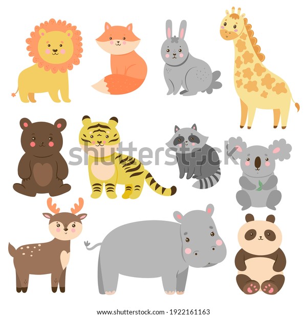 Set Cute Animals Cartoon Style Isolated Stock Vector (Royalty Free ...