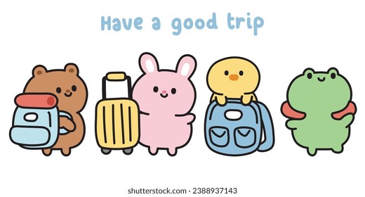 Set of cute animals cartoon in travel concept.Prepare to board the plane.Airplane.Teddy bear,rabbit,chicken,frog hand drawn.Kawaii.Vector.Illustration.