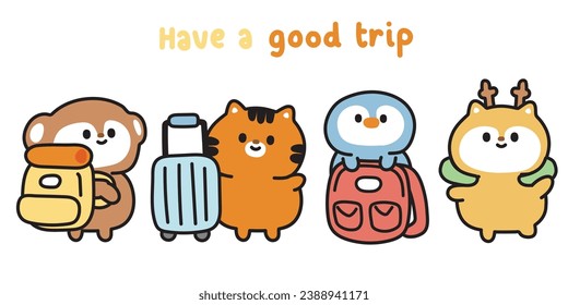 Set of cute animals cartoon in travel concept.Prepare to board the plane.Airplane.Monkey,tiger,penguin,deer hand drawn.Kawaii.Vector.Illustration.