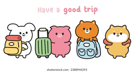 Set of cute animals cartoon in travel concept.Prepare to board the plane.Airplane.Dog,pig,cat,shiba inu hand drawn.Pet.Farm.Meow lover.Kawaii.Vector.Illustration.