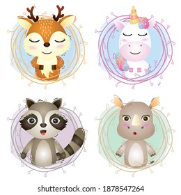 Set of cute animals cartoon in twigs, the character of cute deer, unicorn, raccoon and rhino