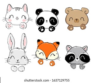 Set of cute animals. Cat, panda, bear, hare, fox, raccoon. Vector illustration.