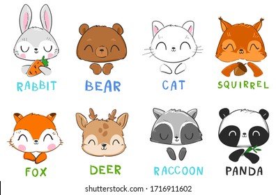 Set of cute animals. Cat, squirrel, panda, bear, rabbit, fox, raccoon, deer. Vector illustration.