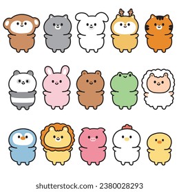 Set of cute animals character cartoon design stand on white background.Farm,wild,pet,reptile,rodent animal hand drawn collection.Image for card,poster,baby product.Kawaii.Vector.Illustration.