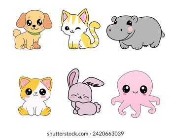 Set of cute animals character cartoon design. Kawaii style Vector Illustration.