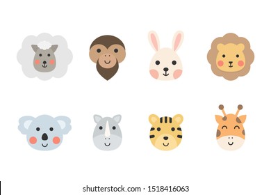 Set of cute animals character. Animals face in flat style vector. Vector illustration.