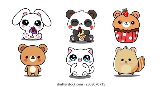 Set of Cute animals character in kawaii style vector Ilustration. Isolated on white.