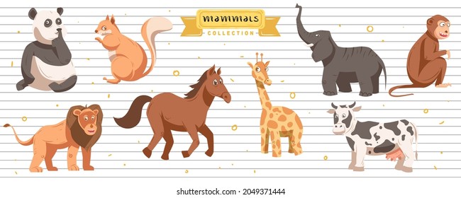Set of cute Animals characters. Mammals animals: Panda, lion, horse, elephant, cow, monkey, squirrel, giraffe. Hand drawn semi flat style for design. Vector illustration isolated on white background.