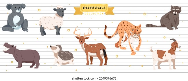 Set von süßen Tieren Zeichen. Säugetiere: Hippopotamus, Schafe, Hirsche, Leopard, Raccoon, Koala, Porcupine. Handgezeichneter Halbflachstil für Design. Vektorgrafik einzeln auf weißem Hintergrund.