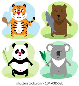 Set cute animals characters tiger, panda, bear and koala in cartoon style. 
Print for textiles, t-shirts, pajamas. Hand drawn character. Vector illustration.